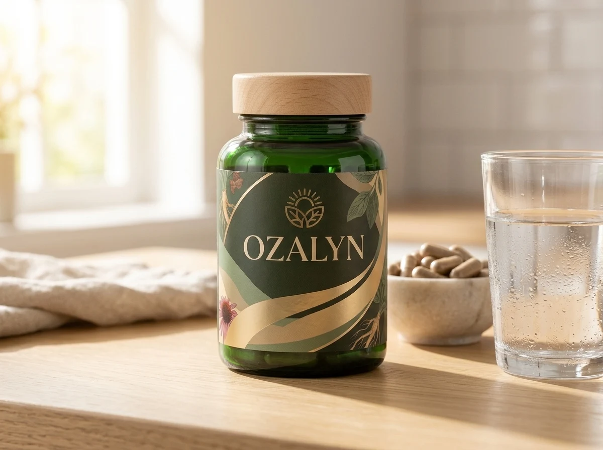 Ozalyn supplement fles op marmeren oppervlak - plantaardig voedingssupplement voor dagelijkse energie en stofwisseling ondersteunen