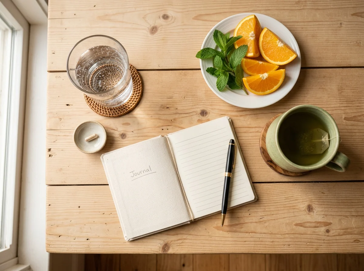 OchtendRoutine flat lay - glas water, supplement capsule, notitieboekje en groene thee voor dagelijkse stofwisseling ondersteuning